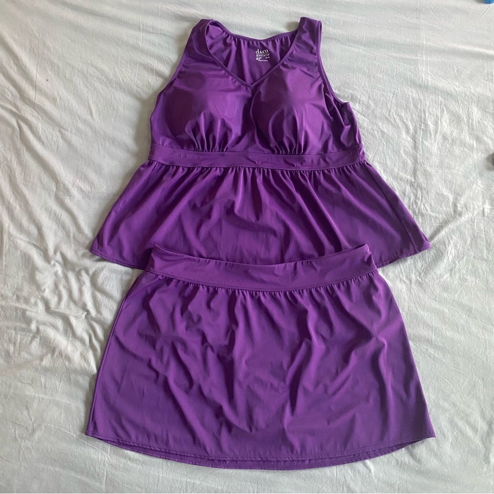 D&Co Beach 2 Piece Purple Tankini Skirt Set Plus Size 22W Swimsuit Summer Pool
